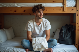 Jeune homme pliant une serviette dans une chambre d'auberge