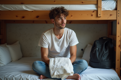 Jeune homme pliant une serviette dans une chambre d'auberge