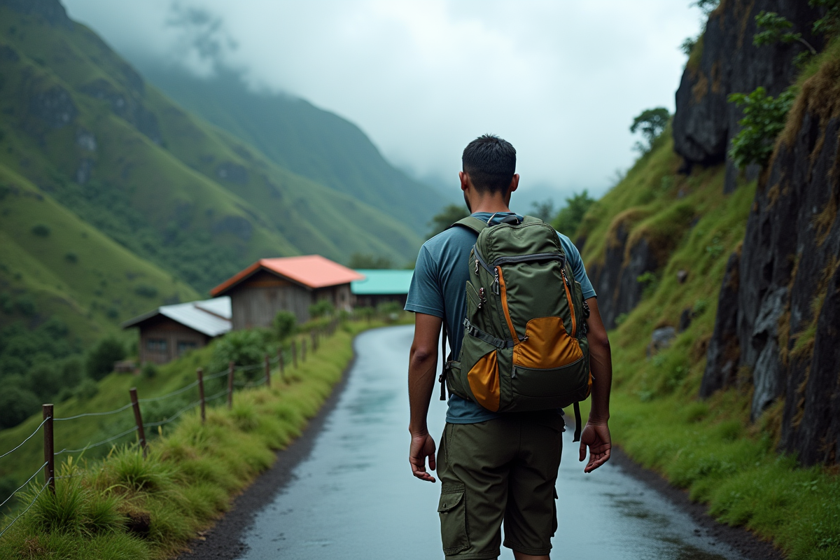 Jeune homme en randonnée sur une route tropicale