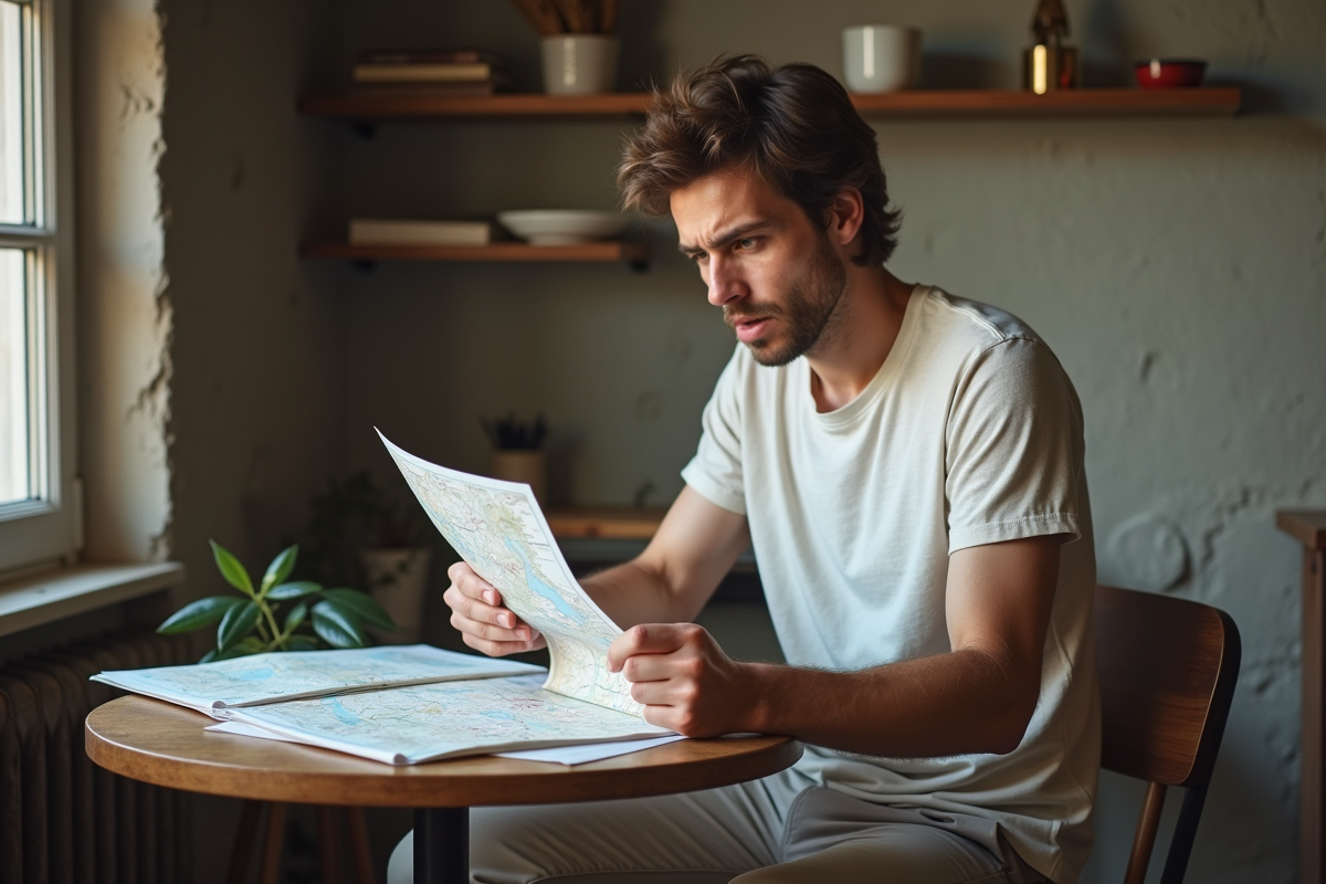 Jeune homme consulte des cartes dans son appartement