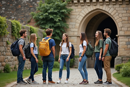 Groupe d'élèves devant un monument historique européen