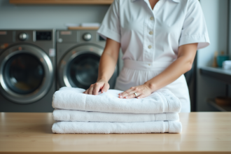 Femme de ménage d'hôtel plie des serviettes blanches