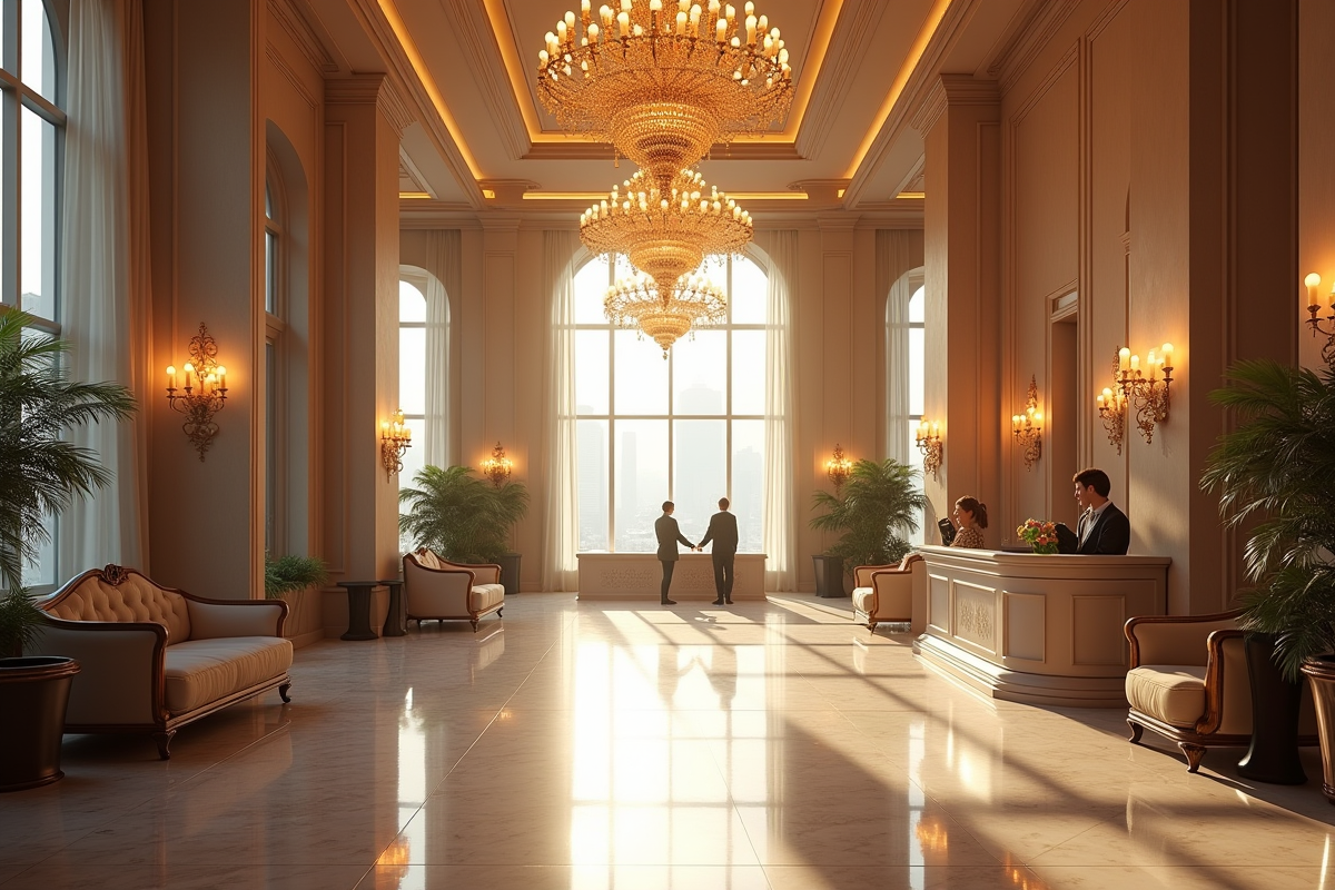 Hall d'hôtel luxueux avec lustres et invités