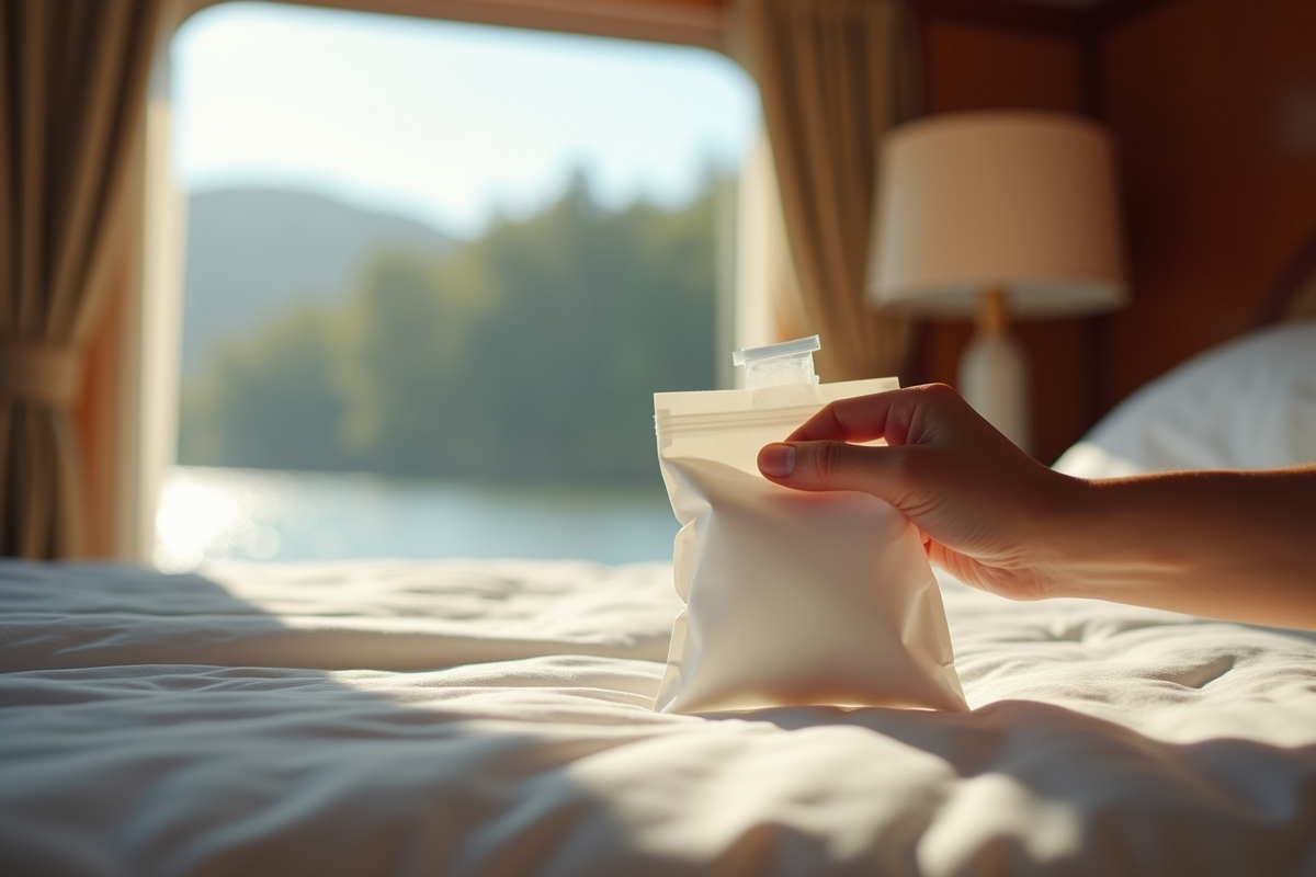 Main tenant un sac malade blanc dans une cabine de croisiere