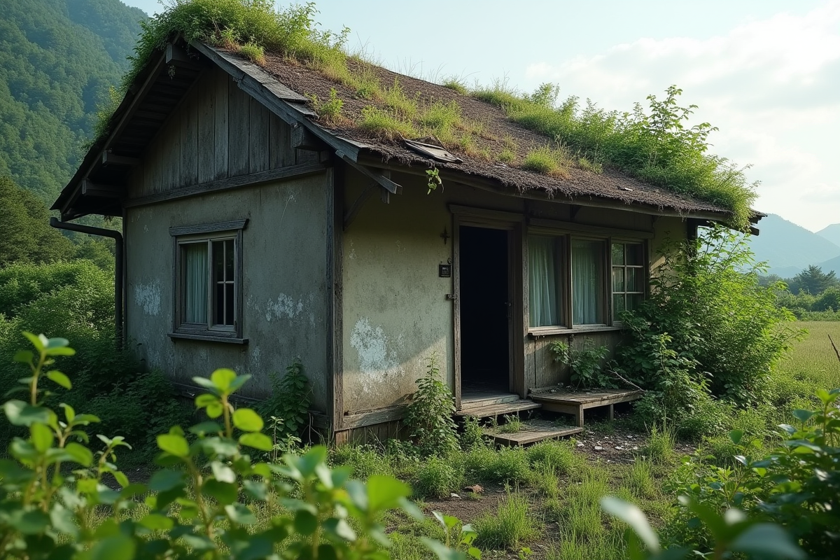 Une vieille maison rurale japonaise abandonnée avec des plantes envahissantes