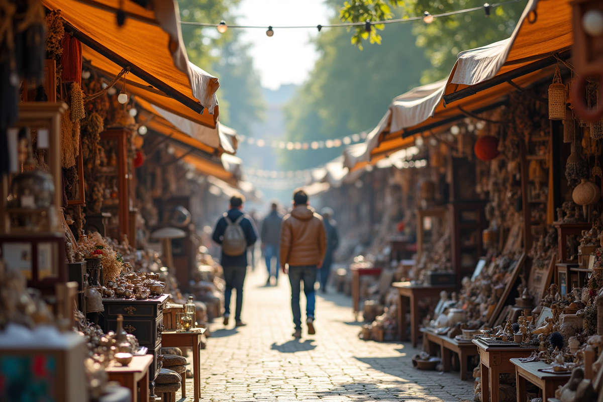 Marché aux puces en plein air en Europe avec foule et stands d'antiquités