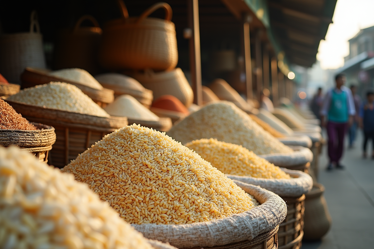Marché vietnamien avec sacs de riz et paniers traditionnels