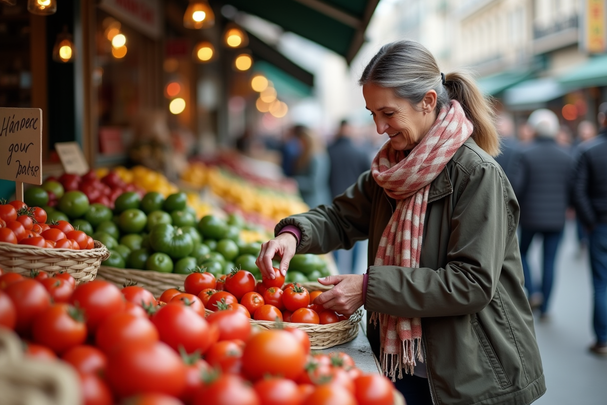 Femme sélectionnant des tomates mûres au marché en plein air