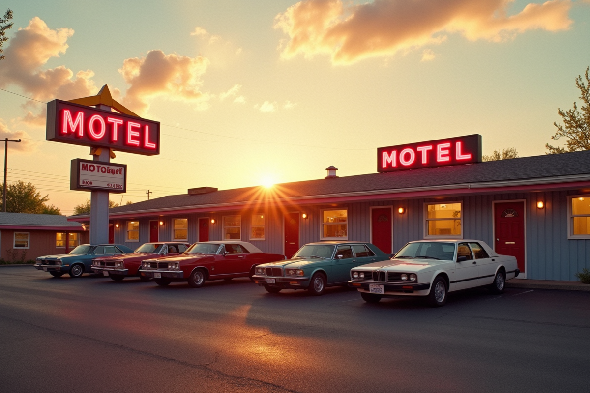 Motel en bord de route au lever du soleil avec voitures