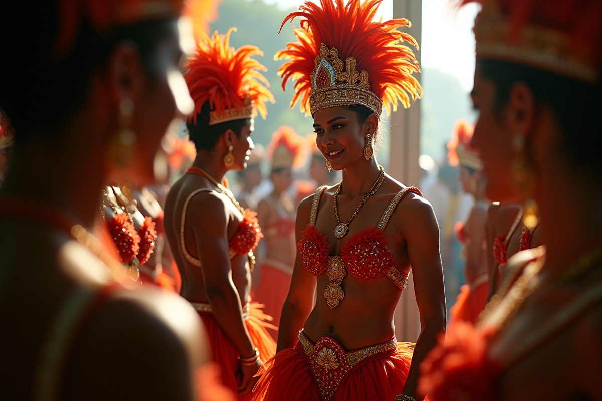 Musiciens et danseuse en préparation backstage au carnaval de Rio