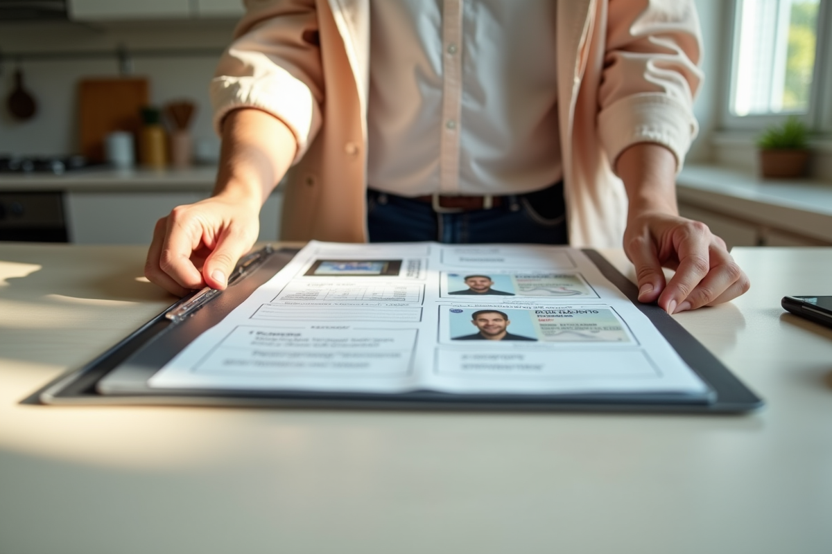 Personne organisant documents d'identite sur une table lumineuse