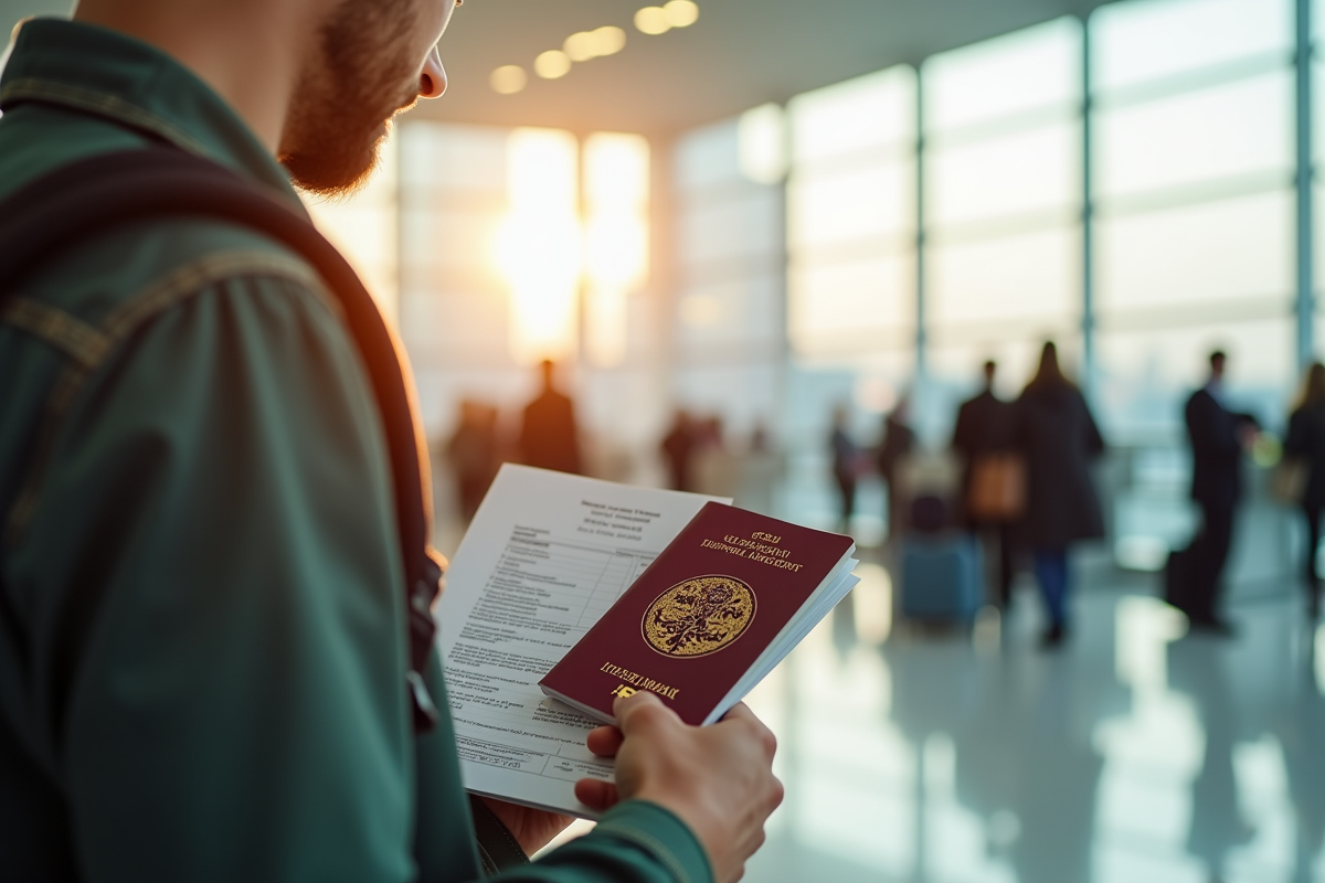 Jeune voyageur tenant un formulaire d'entrée algérien et un passeport expiré à l'aéroport