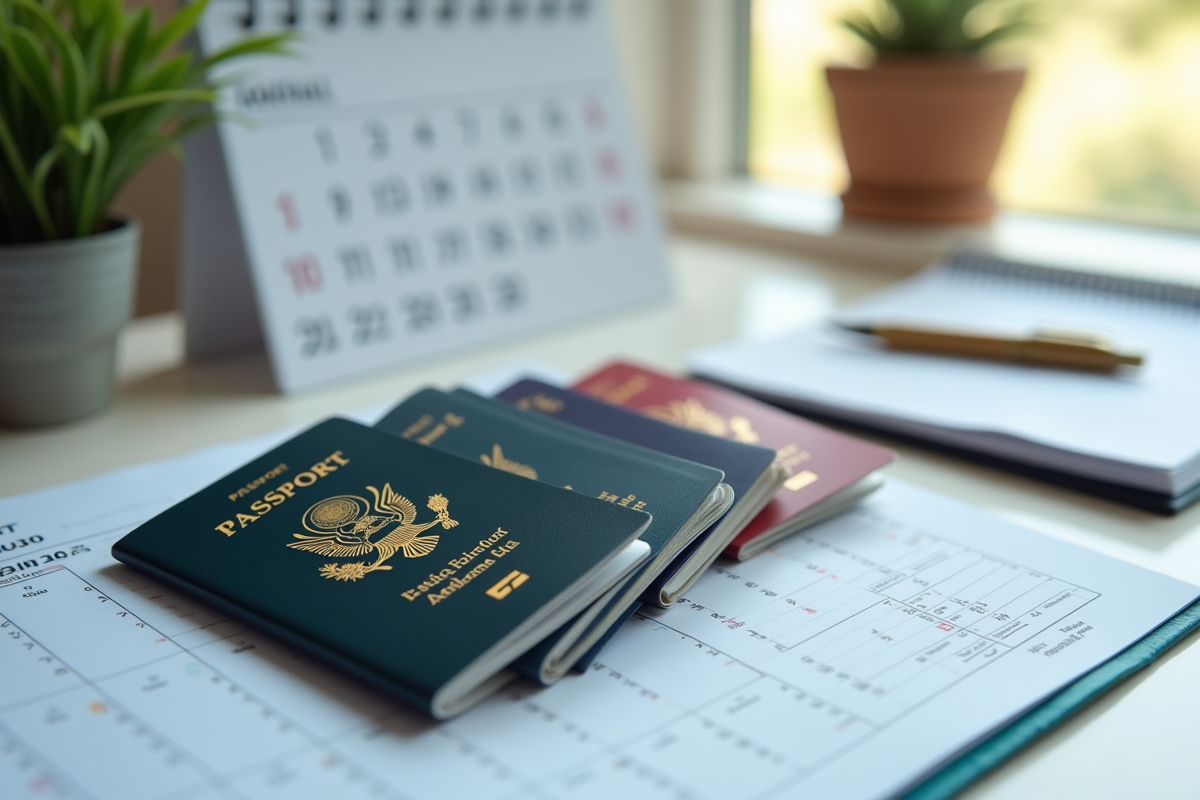 Passeports variés sur un bureau avec calendrier de voyage
