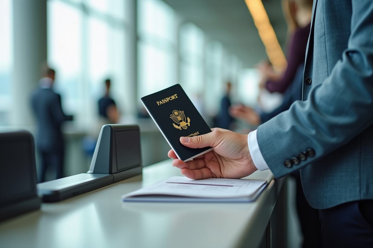 Passager tenant un passeport ouvert à l'aéroport lumineux