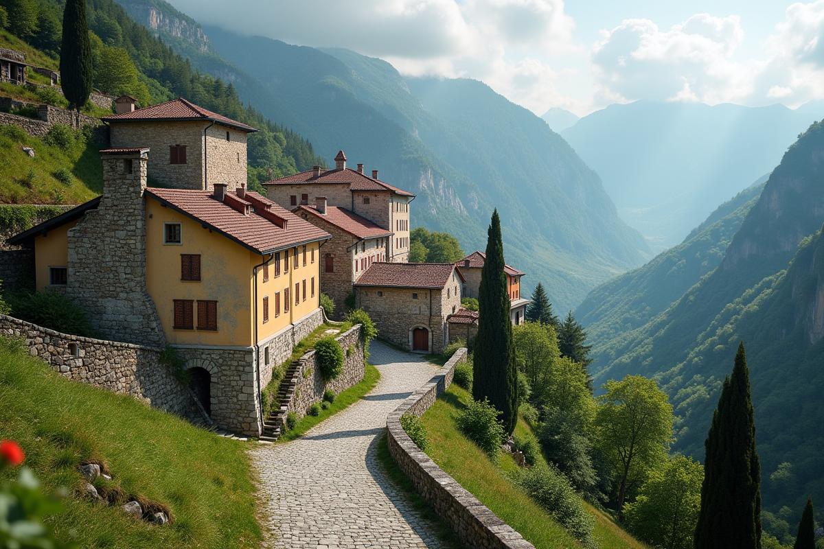 Petit village européen sur une colline avec maisons colorées