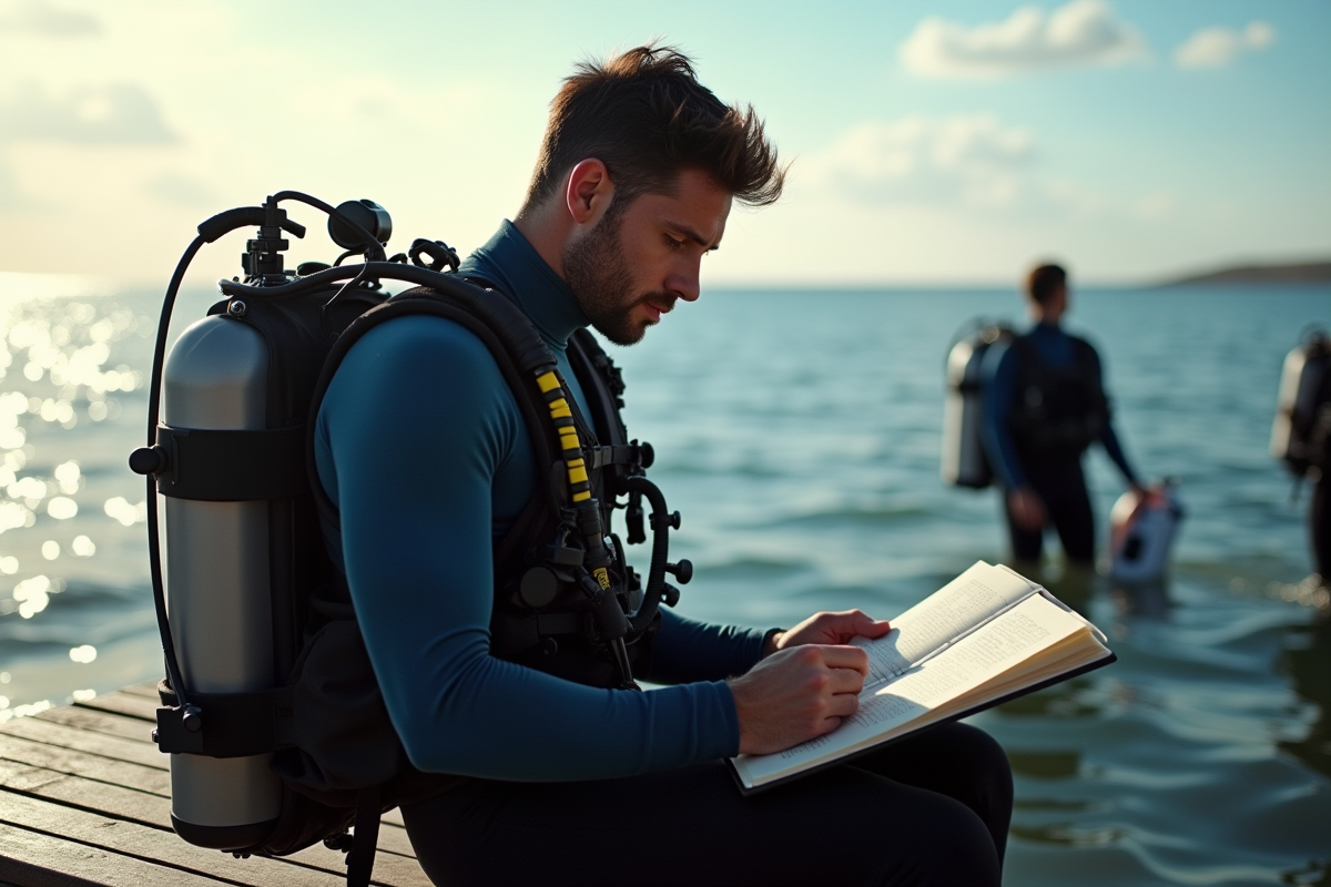 Plongeur assis sur un banc au bord de la mer en combinaison