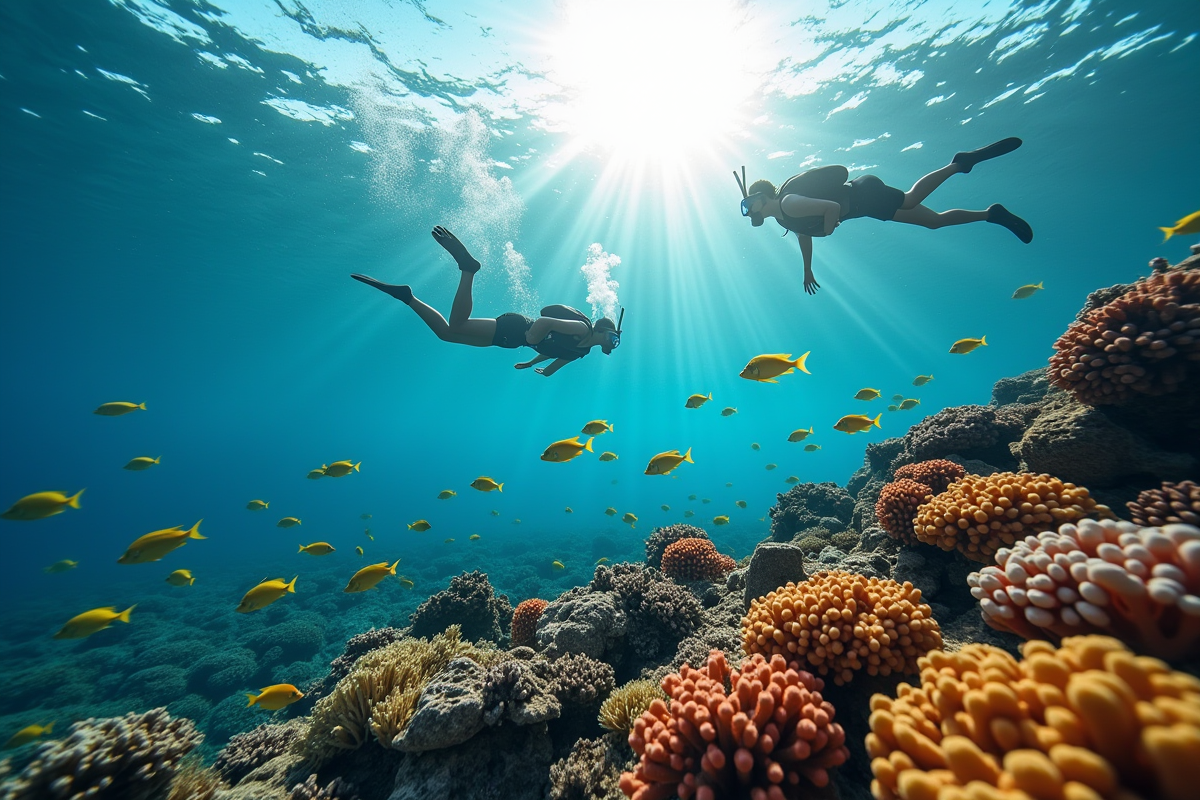 Plongeurs observant des coraux colorés et poissons tropicaux