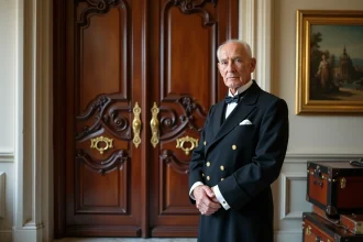 Portier d'hôtel âgé en uniforme classique devant une porte en bois