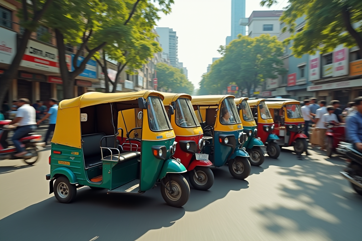 Rickshaws colorés dans une rue animée de Navi Mumbai