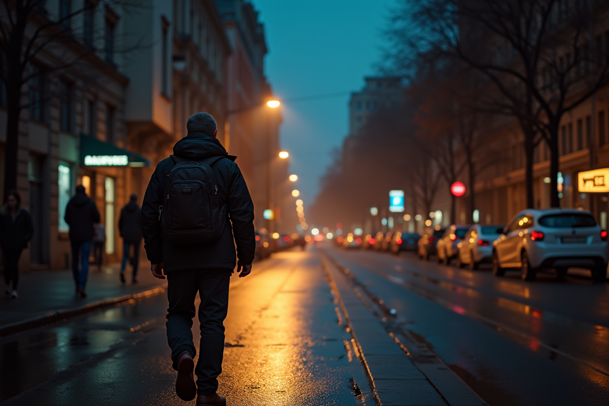 Homme avec sac à dos marche dans une rue nocturne à Nyda
