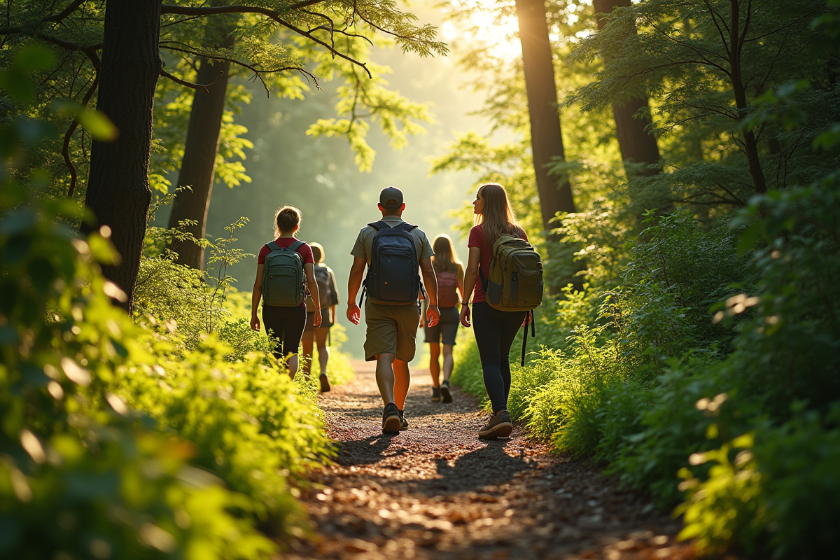 Randonnée en forêt avec guide et nature luxuriante