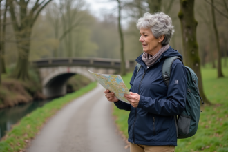 Femme en veste bleu marine regarde une carte près de la rivière à Thionville