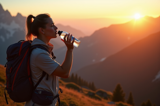 Randonneur buvant à une bouteille d'eau au lever du soleil en montagne