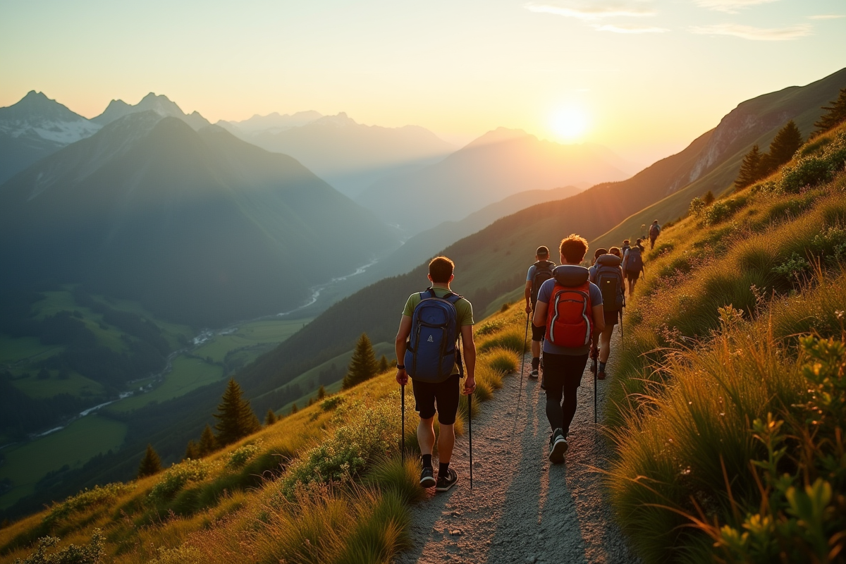 Groupe de randonneurs au lever du soleil en montagne