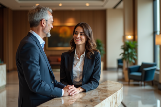Homme et femme d affaires poliment à la réception d un hôtel