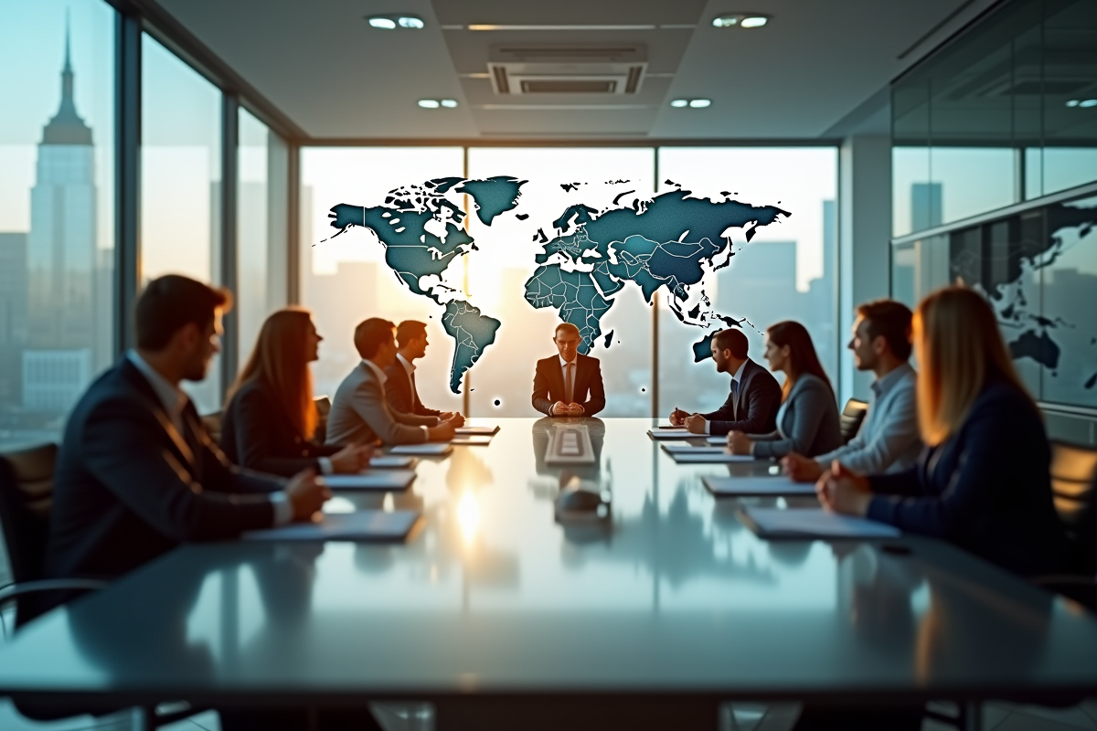 Groupe international en réunion d'affaires autour d'une table