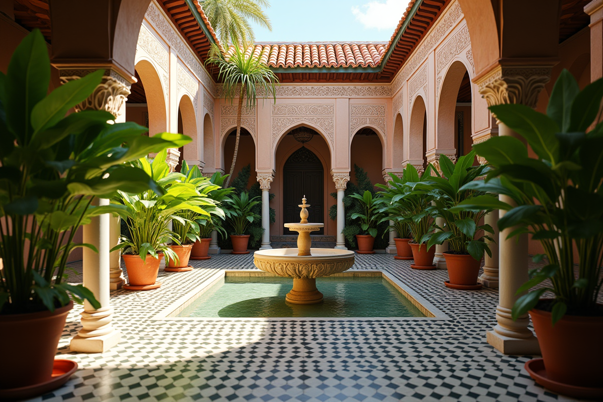 Cour intérieure d'un riad marocain à Marrakech ensoleillée