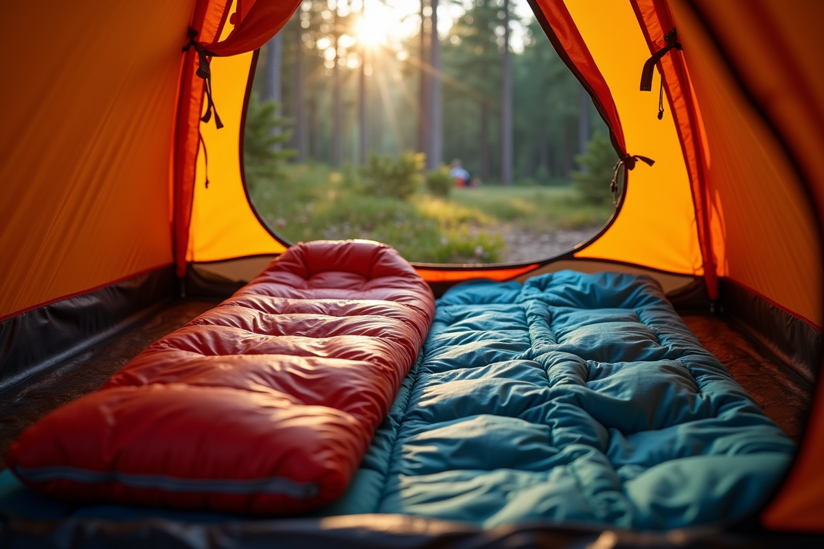 Sac de couchage compact à côté d'un tapis de camping dans une tente