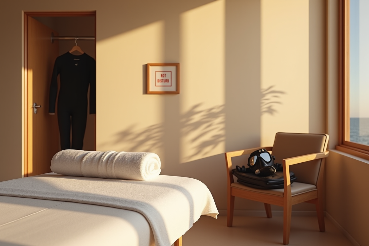 Salle de massage avec table prête et équipement de plongée