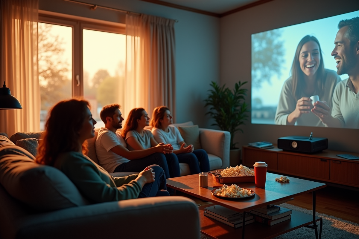 Salon cosy avec projecteur vintage et film classique