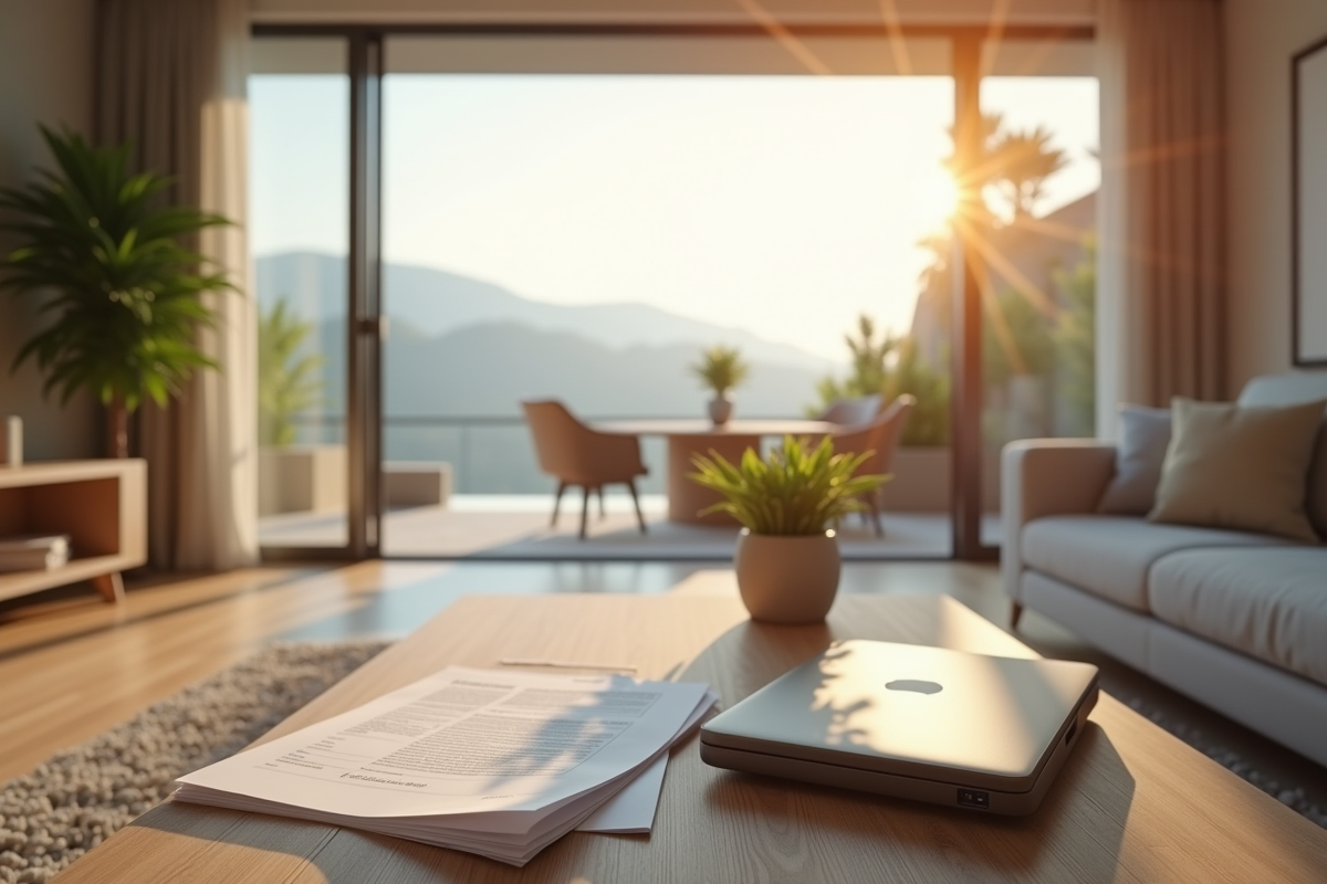 Salon de location de vacances avec lumière naturelle et confort