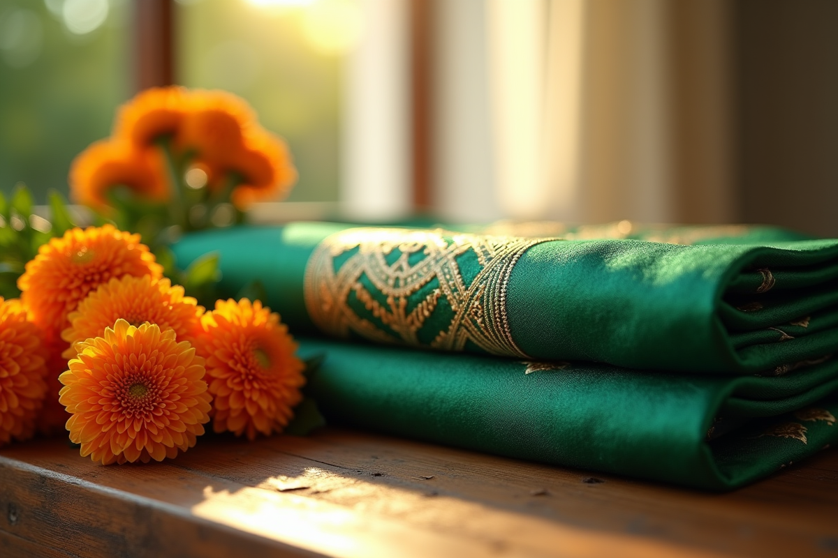 Saree vert plié avec broderies et fleurs de marigold