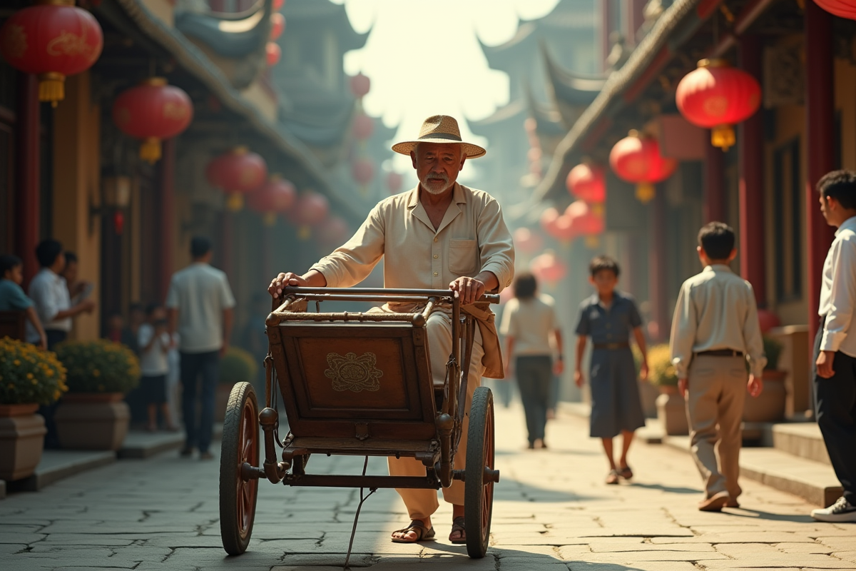 Scène de rue asiatique au 19e siècle avec pousse-pousse traditionnel