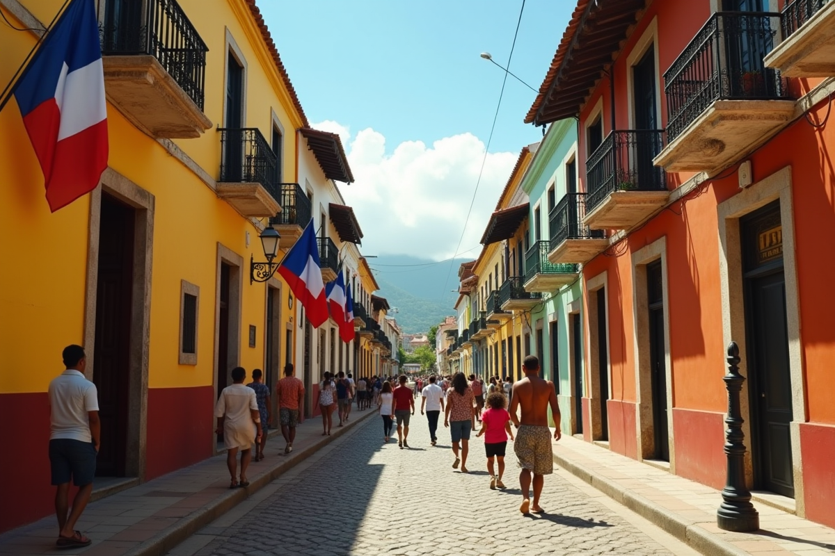Scène de rue haïtienne en journée avec architecture coloniale