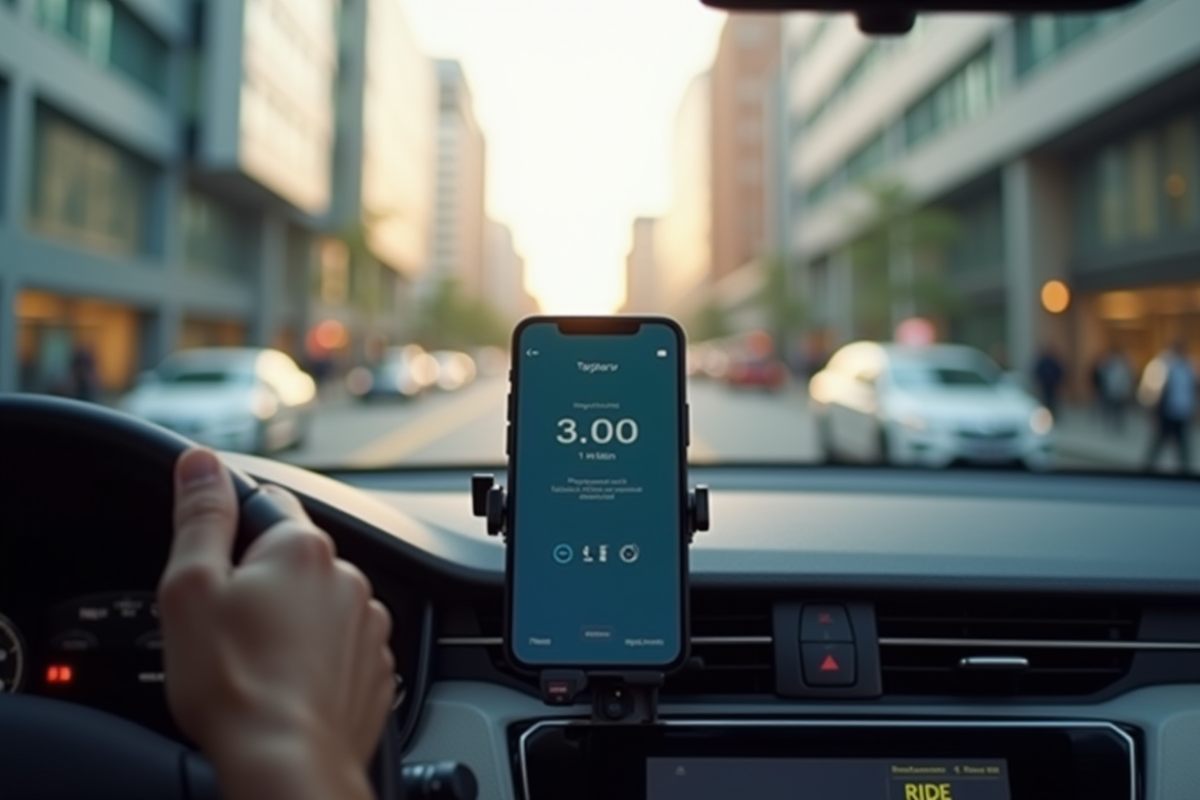 Smartphone de conducteur VTC sur tableau de bord en ville