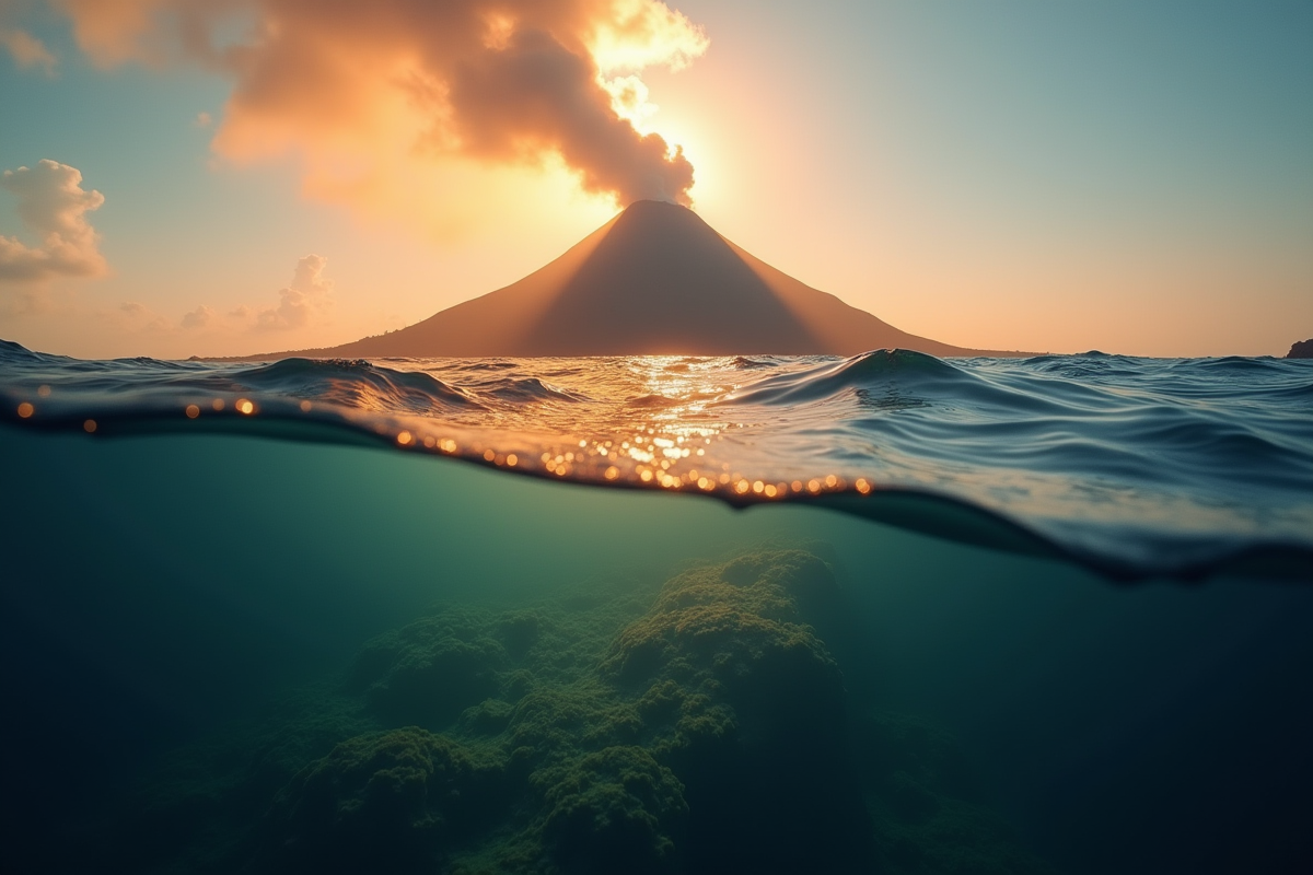 Sommet d'un volcan sous-marin vu de la surface à l'aube