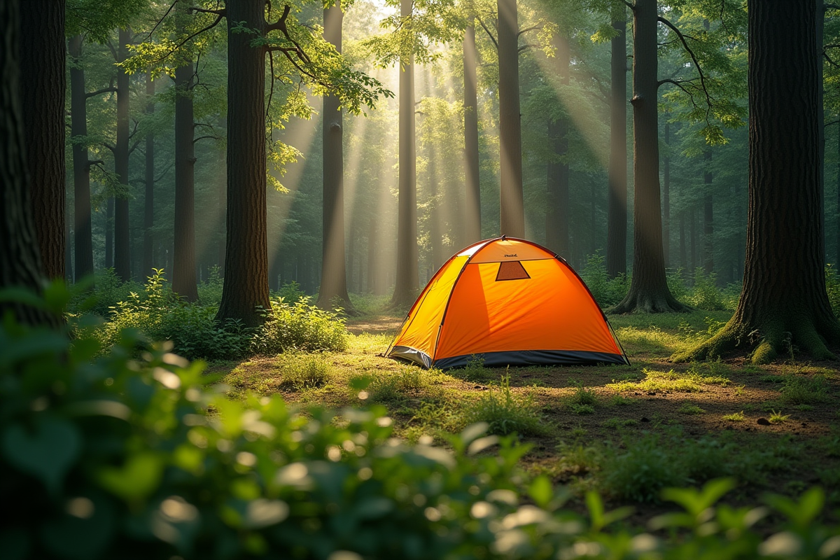 Tente orange dans une forêt verdoyante en journée