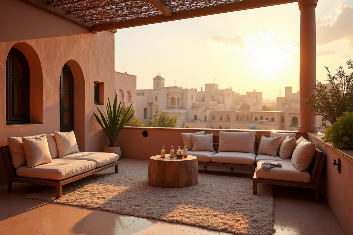 Terrasse de riad à Fes au coucher du soleil avec vue medina
