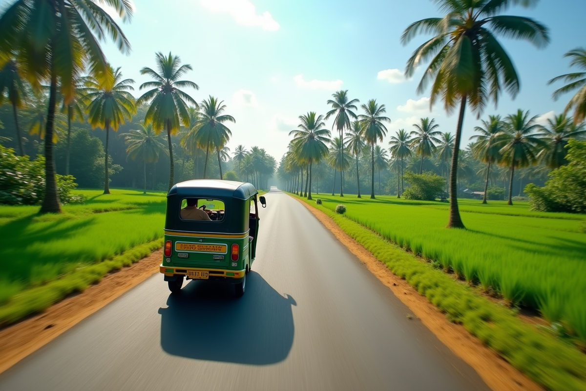 Tuk tuk roulant dans les champs de riz en campagne