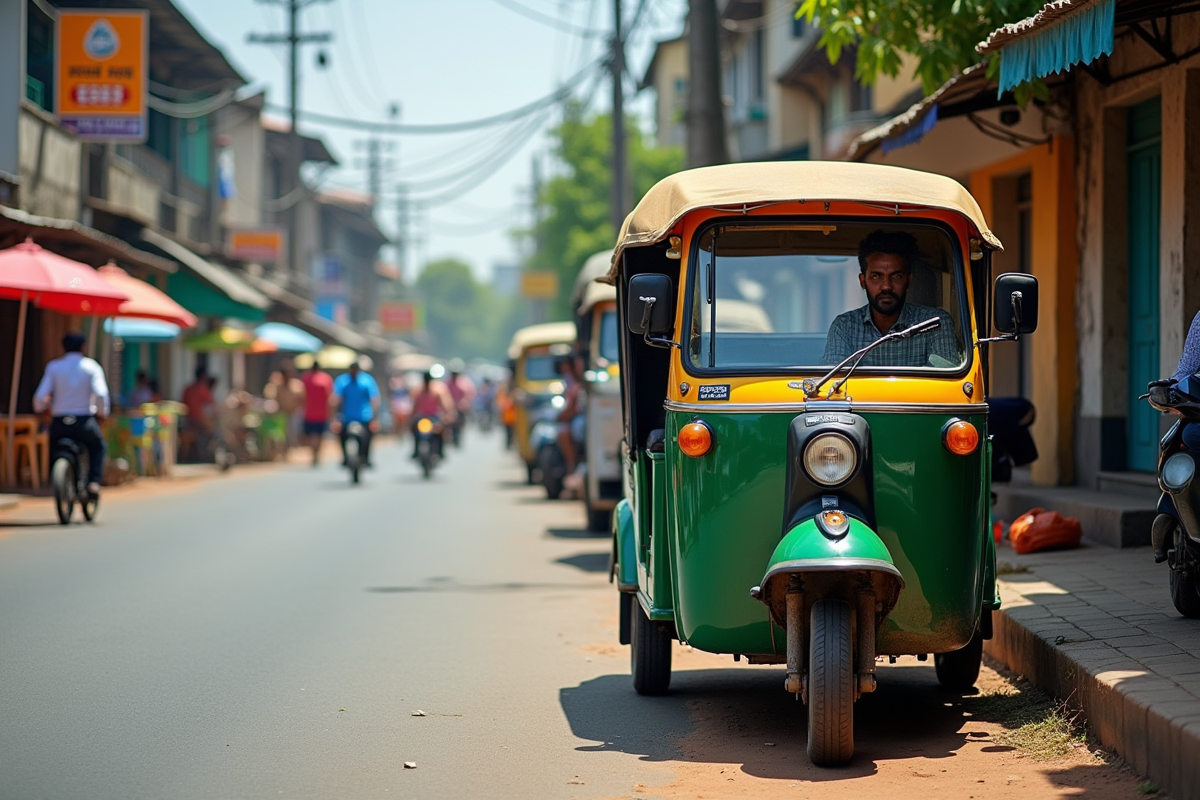 Tuk tuk coloré dans une ville sri lankaise animée