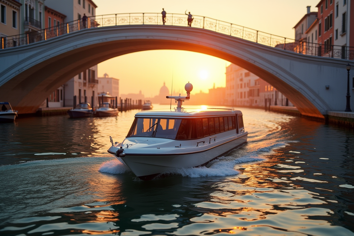 Vaporetto vide sous le pont Calatrava au lever du soleil