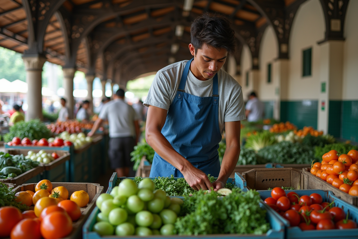 Jeune vendeur arrangeant des légumes verts dans un marché couvert