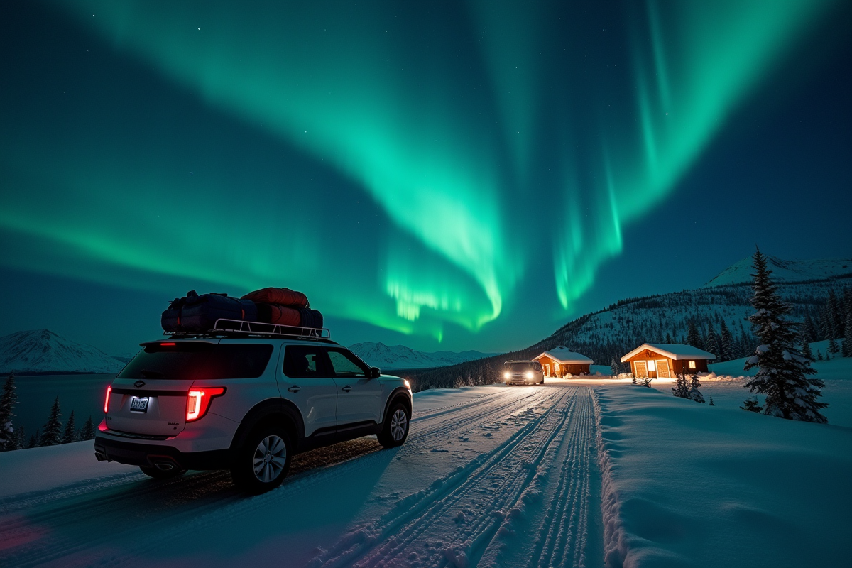 Voiture chargée prête pour un voyage sous les aurores boréales