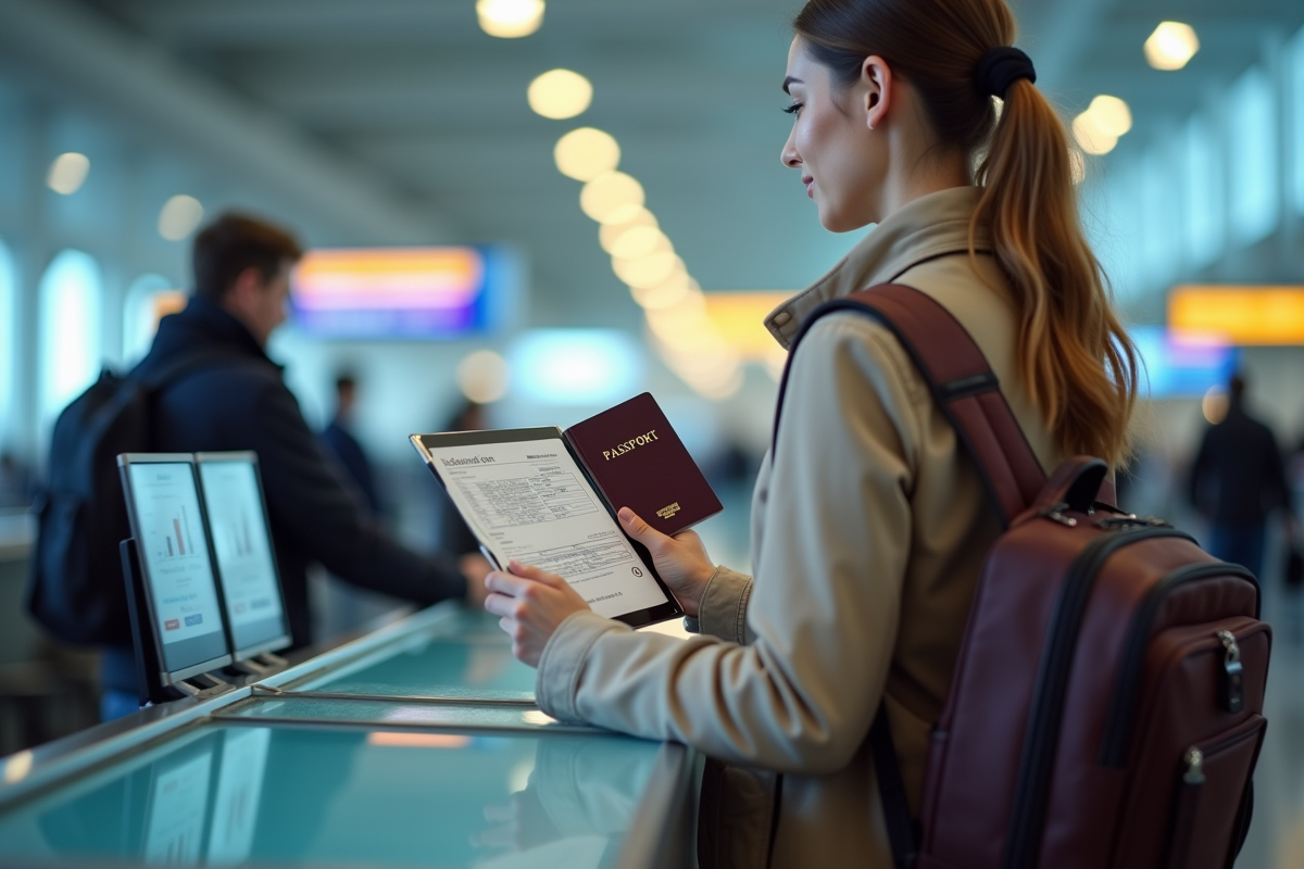 Voyageur à l'aéroport tenant son passeport et carte d'embarquement