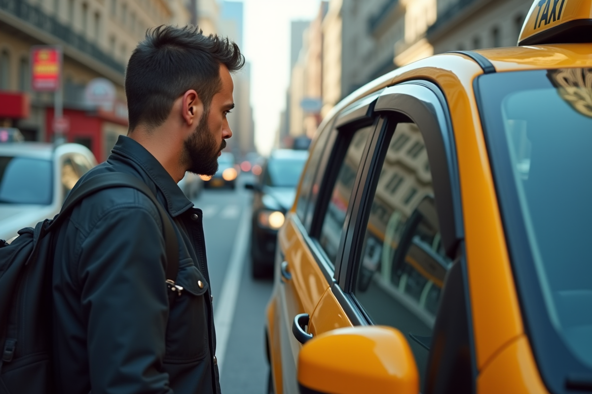 Voyageur regardant le compteur de taxi en ville en plein jour