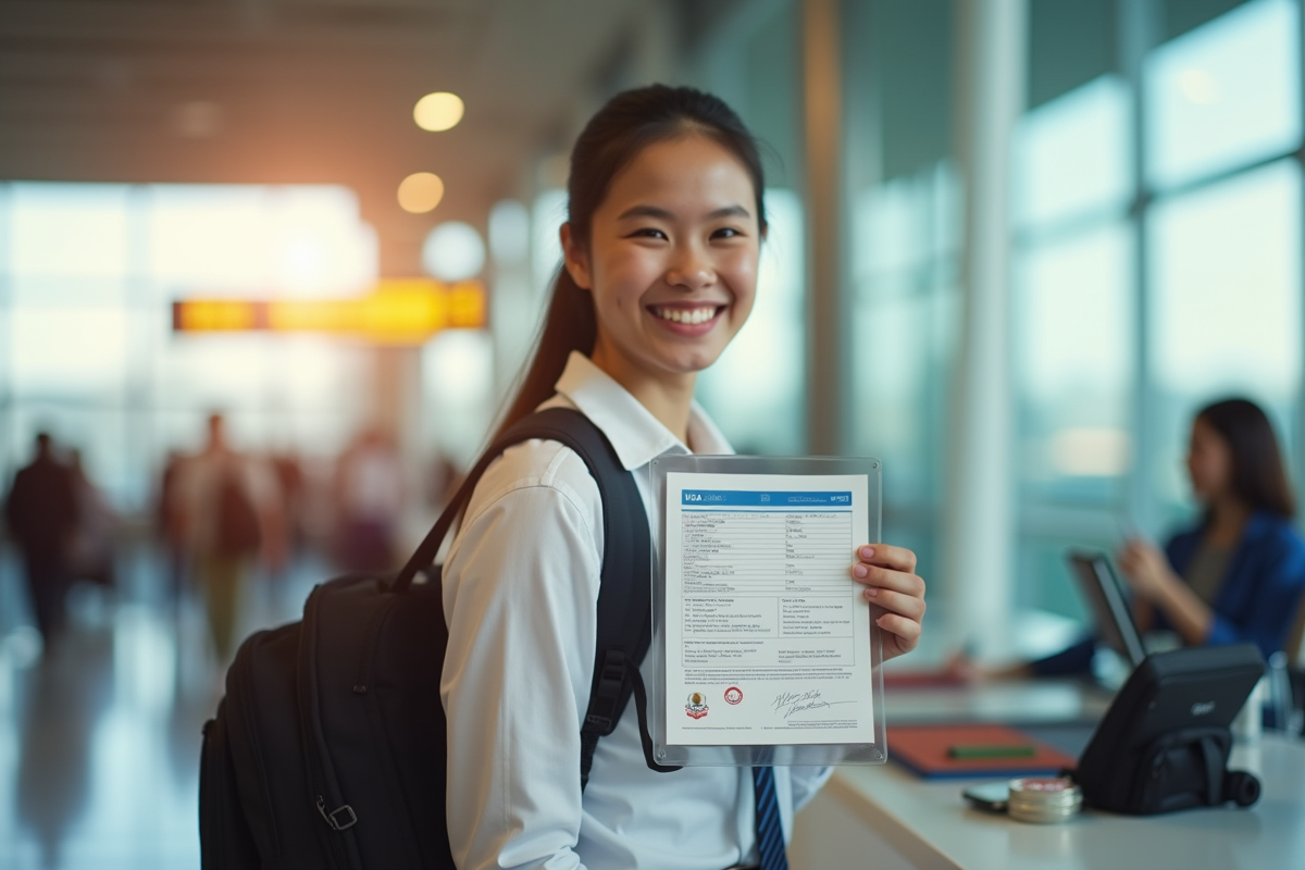 Jeune voyageur souriant avec visa à l'aéroport